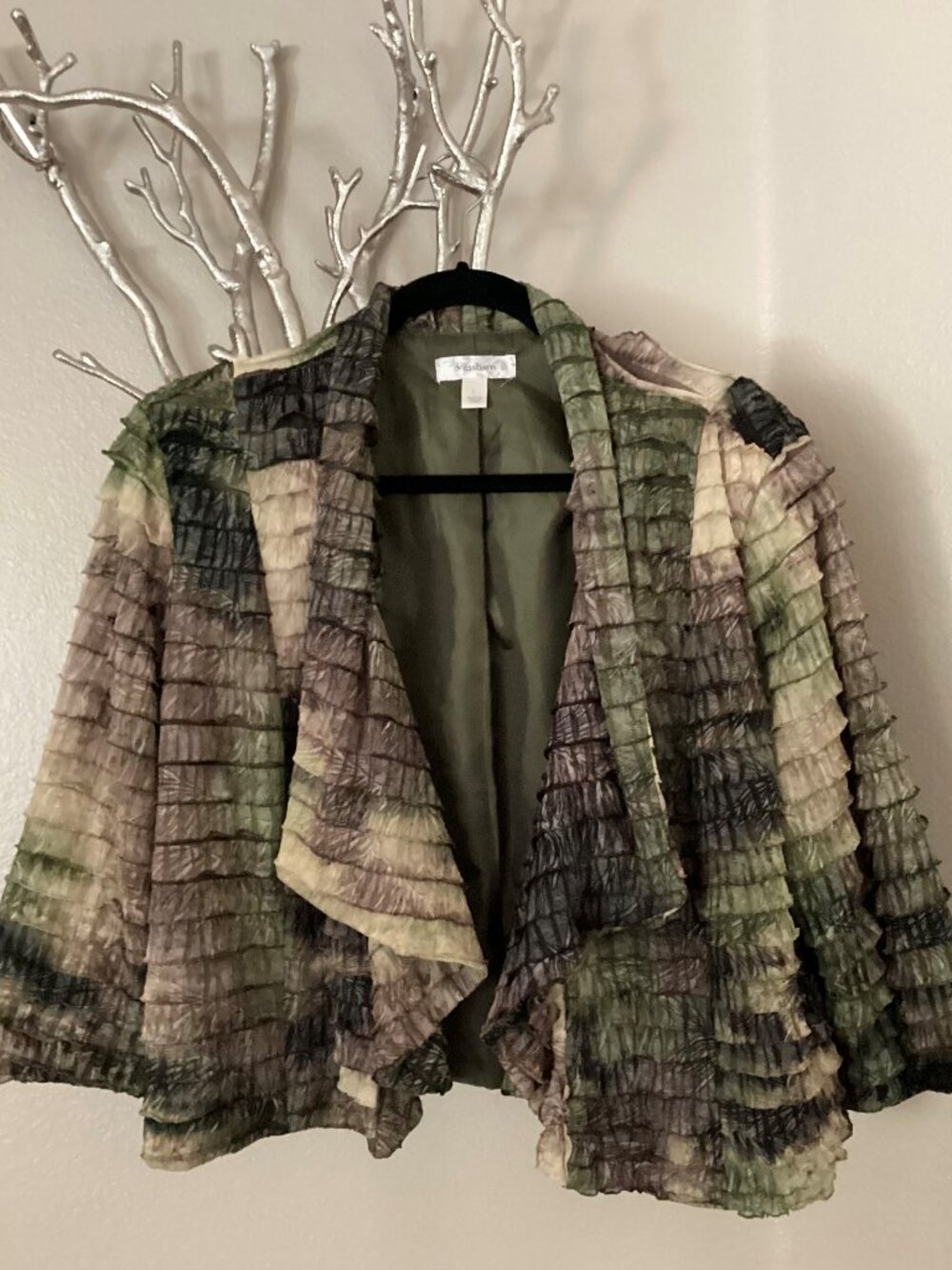Dress Barn brown, green, purple ruffled jacket, size large, lined
